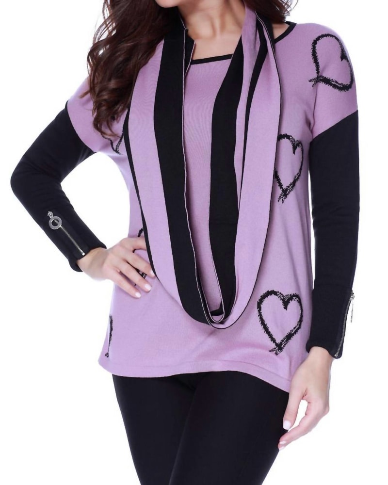 Front of a model wearing a size 1X Hearts Pullover W/ Infinity Scarf in Rose in Rose by ANGEL. | dia_product_style_image_id:327408